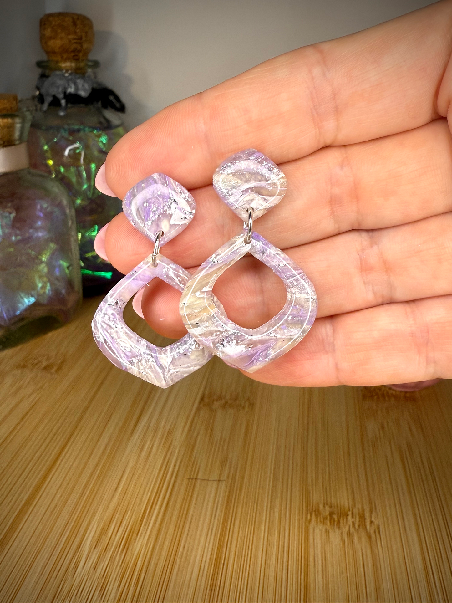 Lavender dreams smooth diamond shape drop clay earrings