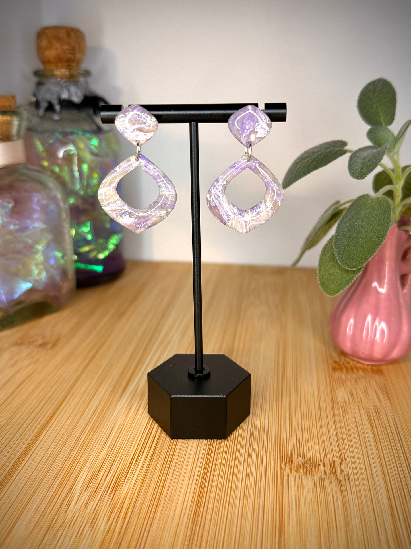 Lavender dreams smooth diamond shape drop clay earrings