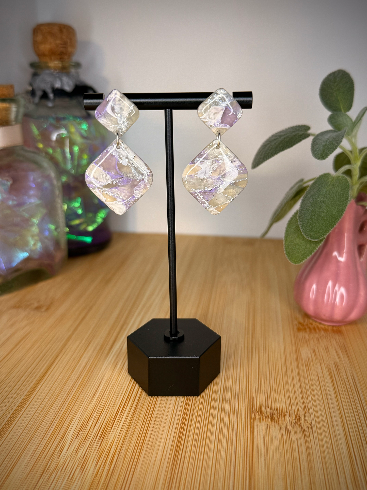 Lavender dreams square clay earrings