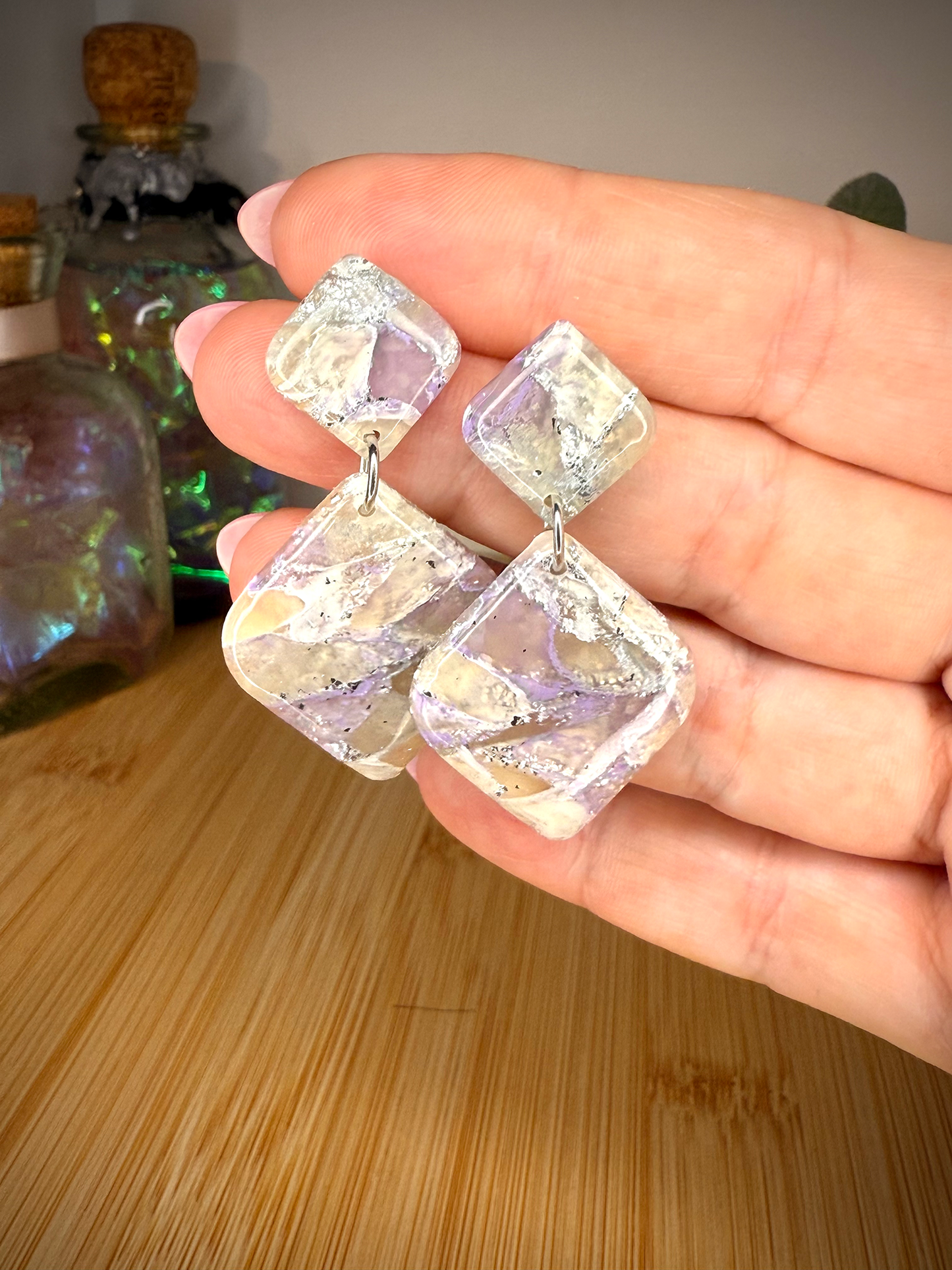 Lavender dreams square clay earrings