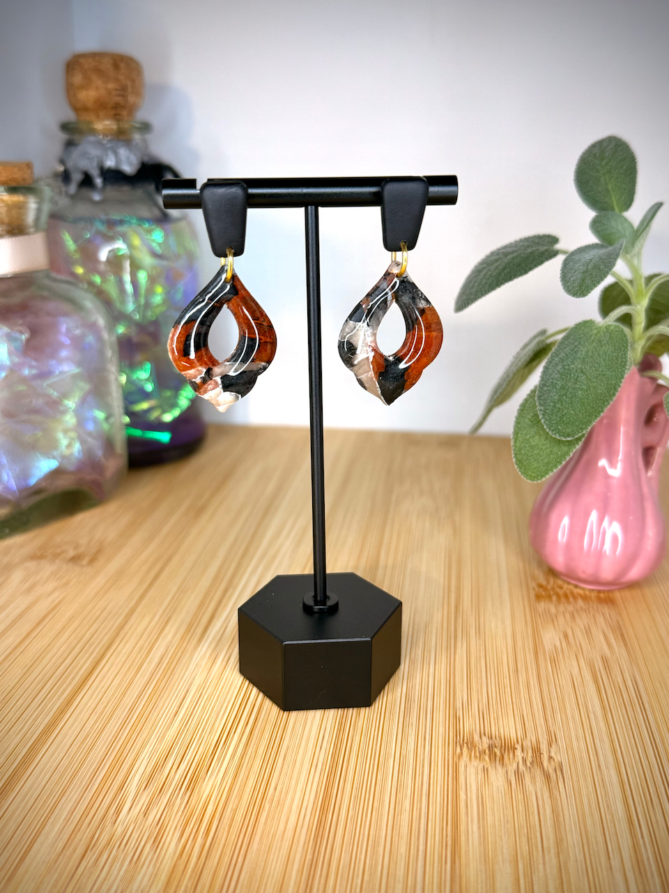 Mock tortoise elegant drop clay earrings