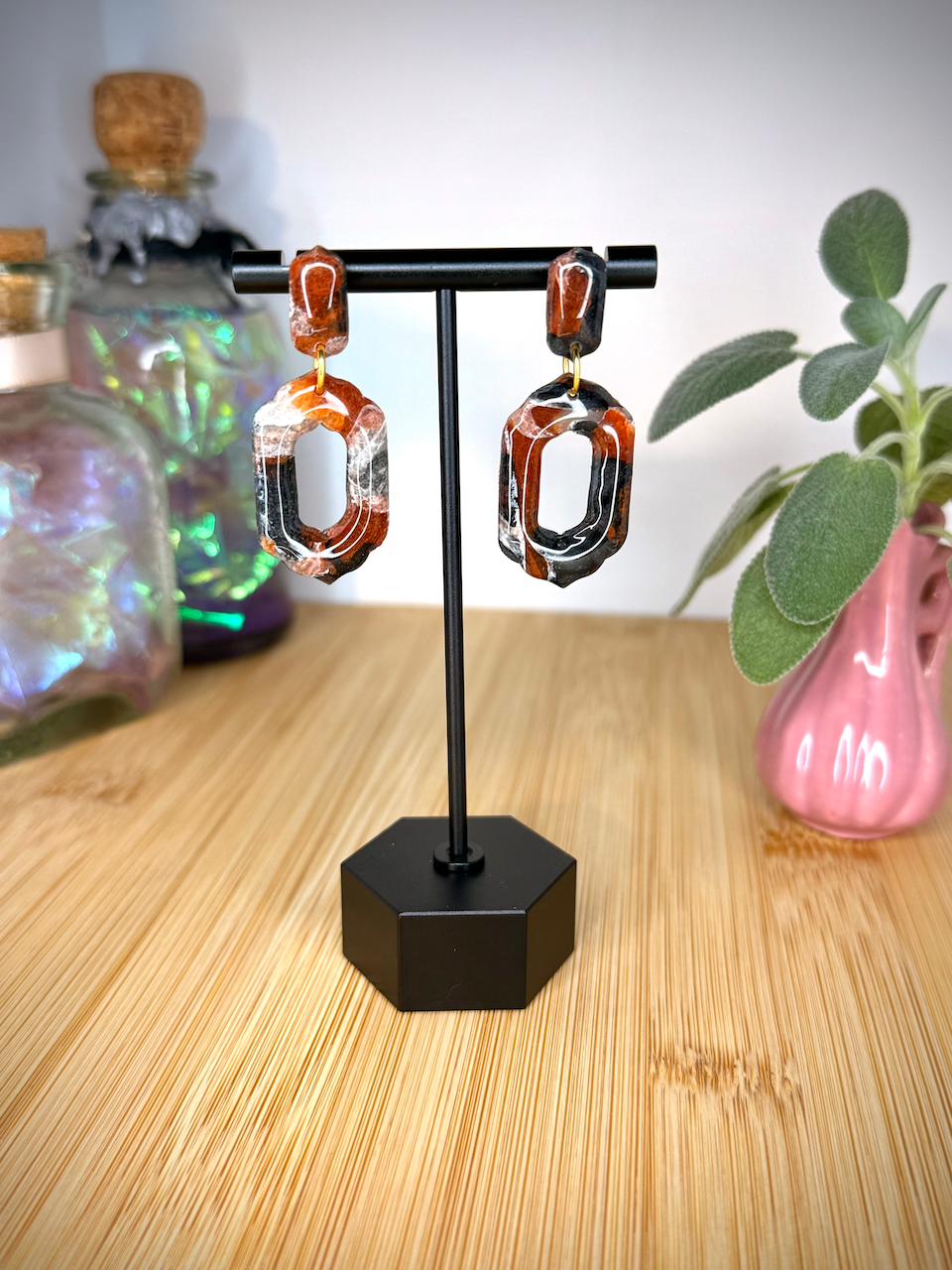 Mock tortoise rectangular drop clay earrings