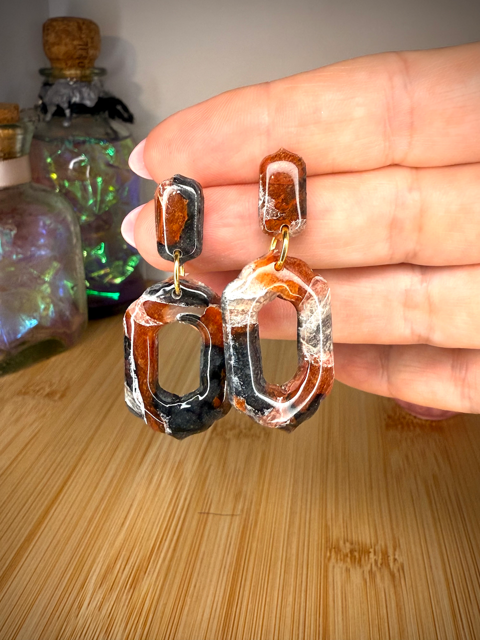 Mock tortoise rectangular drop clay earrings
