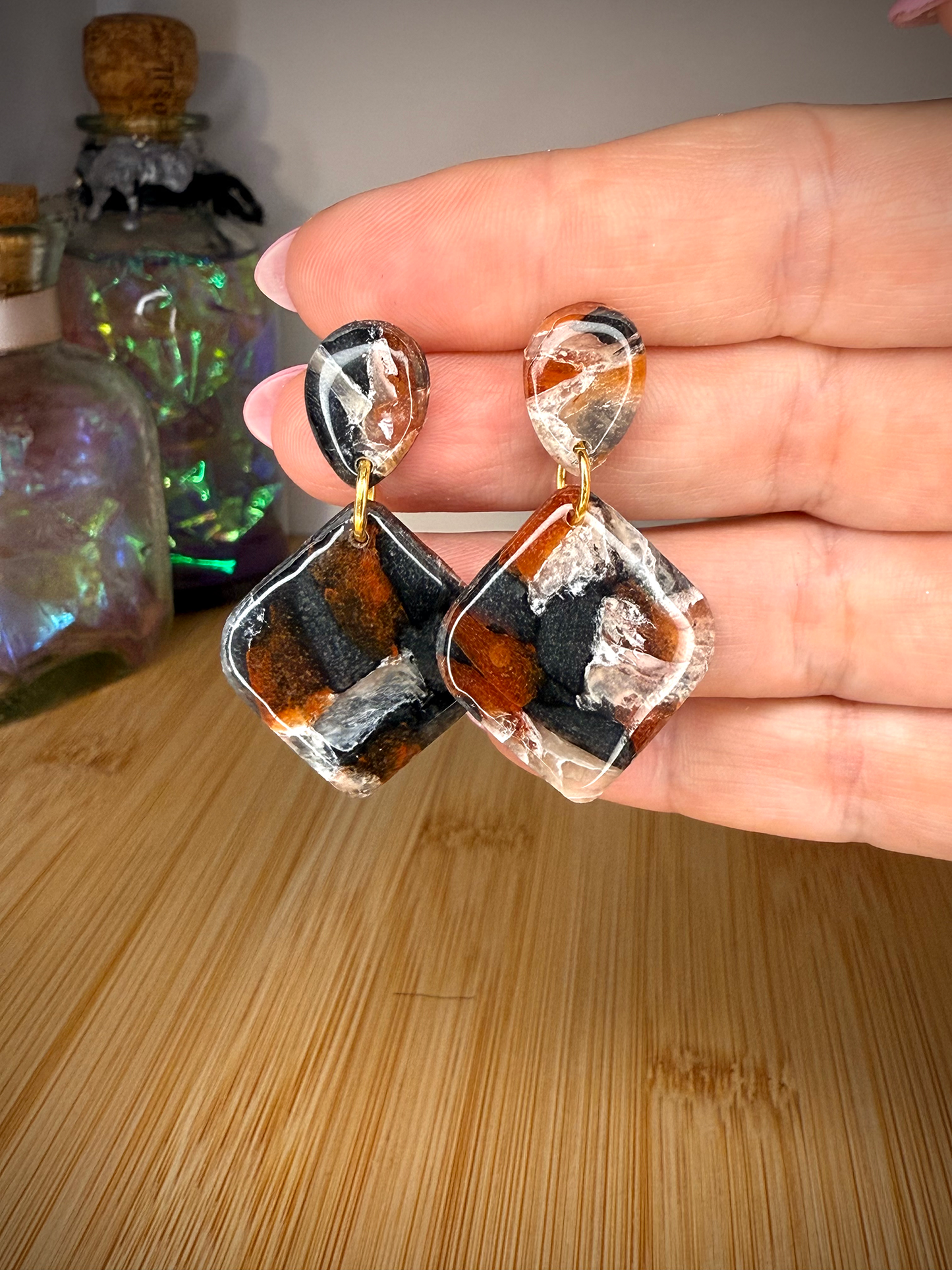 Mock tortoise square drop clay earrings