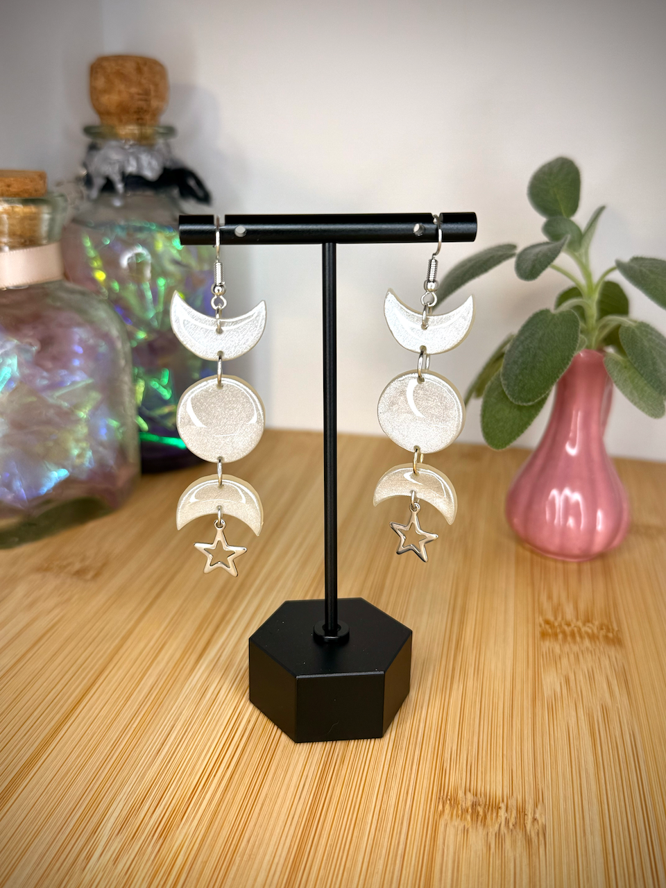 Silver moon phase clay earrings